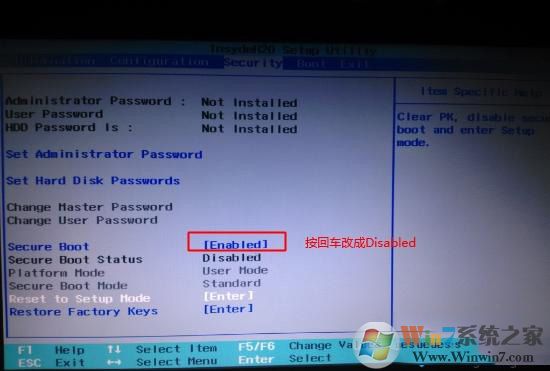 Secure Boot回車設置成Disabled