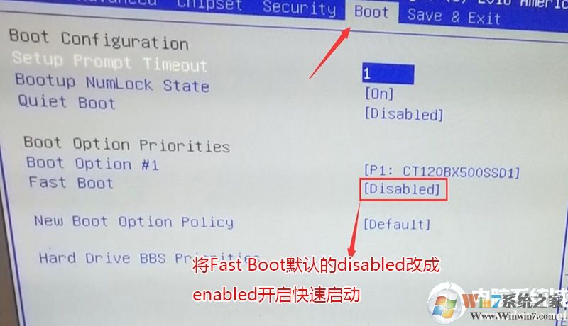 將Fast Boot默認(rèn)的disabled改成enabled,開(kāi)啟快速啟動(dòng), 將Fast Boot默認(rèn)的disabled改成enabled,開(kāi)啟快速啟動(dòng),